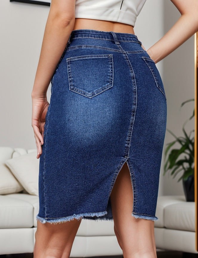High Rise Raw Hem Denim Skirt - TayDiane