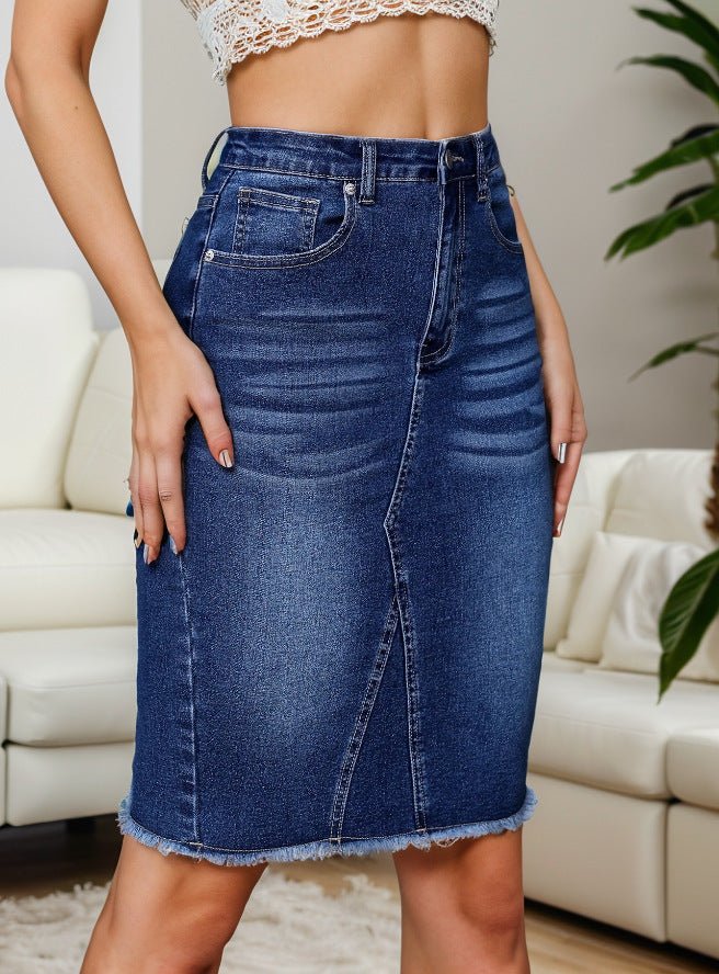 High Rise Raw Hem Denim Skirt - TayDiane