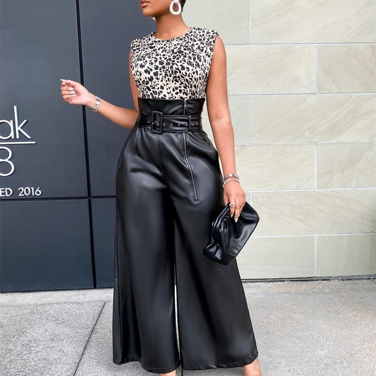 High - Waisted Faux Leather Pants with a Metal Belt and Wide Legs - TayDiane