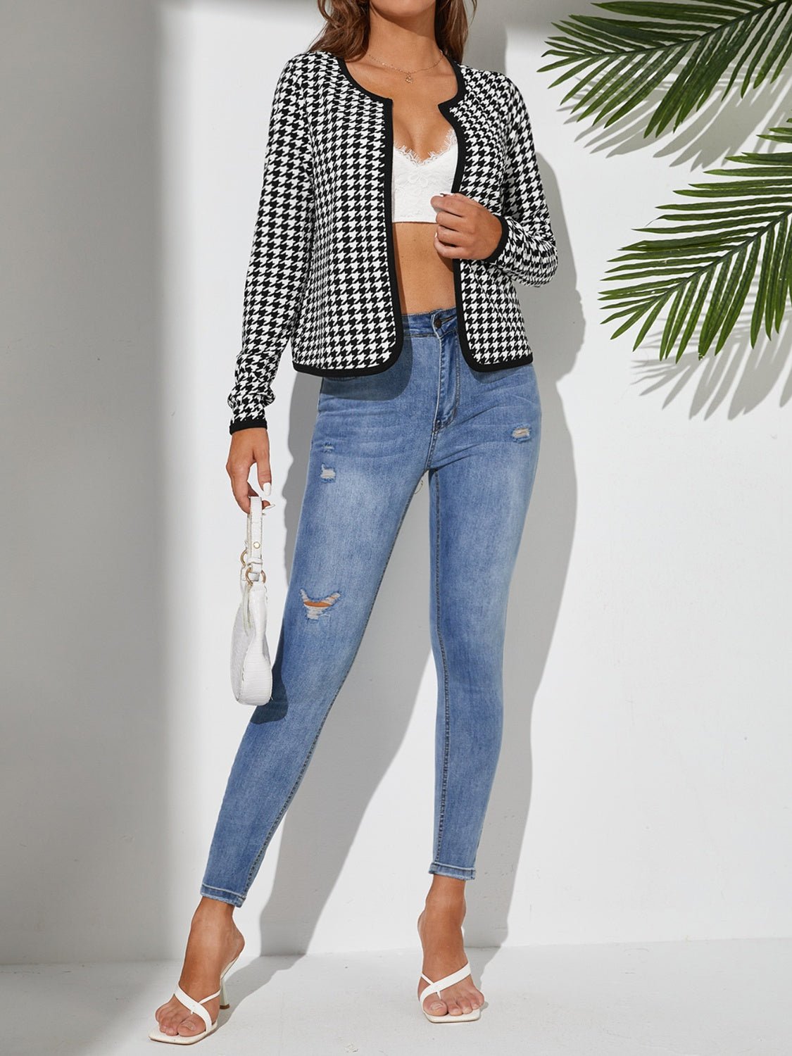Houndstooth Open Front Long Sleeve Jacket - TayDiane