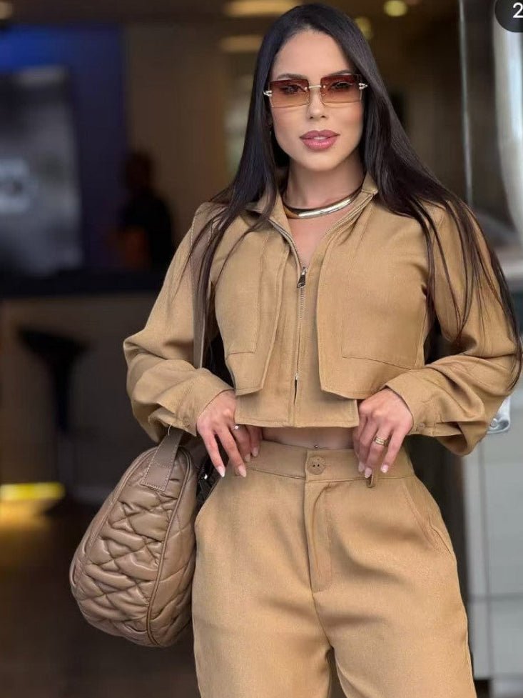 Khaki Cropped Zip Jacket & Wide - Leg Pant Set - TayDiane