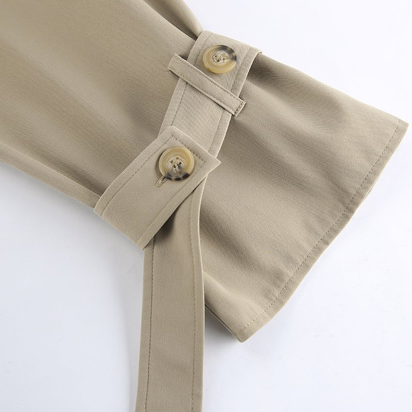 Khaki Double - Breasted Trench Coat with a Collar - TayDiane