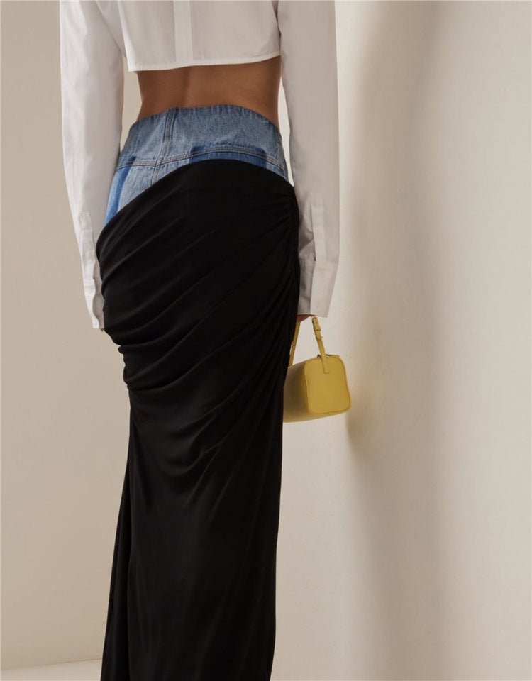 Modern Deconstruction High Waist Skirt Women Spring Black Color Pleats Stitching Design Long Denim Skirt - TayDiane