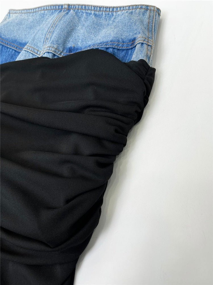 Modern Deconstruction High Waist Skirt Women Spring Black Color Pleats Stitching Design Long Denim Skirt - TayDiane