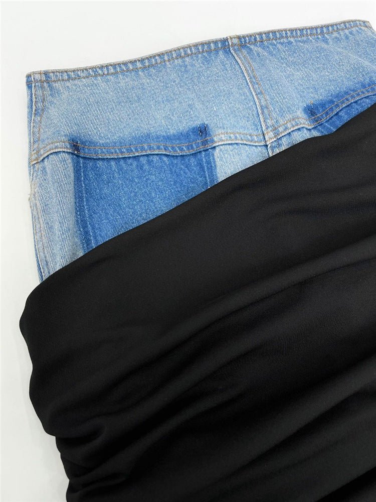 Modern Deconstruction High Waist Skirt Women Spring Black Color Pleats Stitching Design Long Denim Skirt - TayDiane