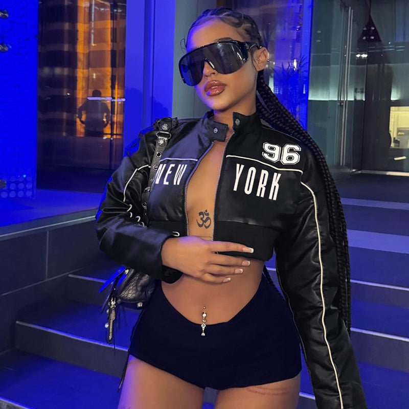 New York Graphic Cropped Faux Leather Jacket - TayDiane