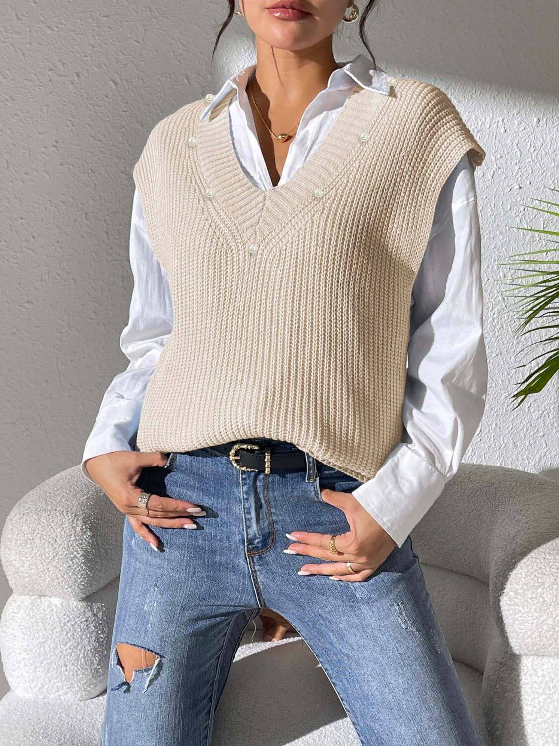 Pearl Trim V - Neck Sweater Vest - TayDiane