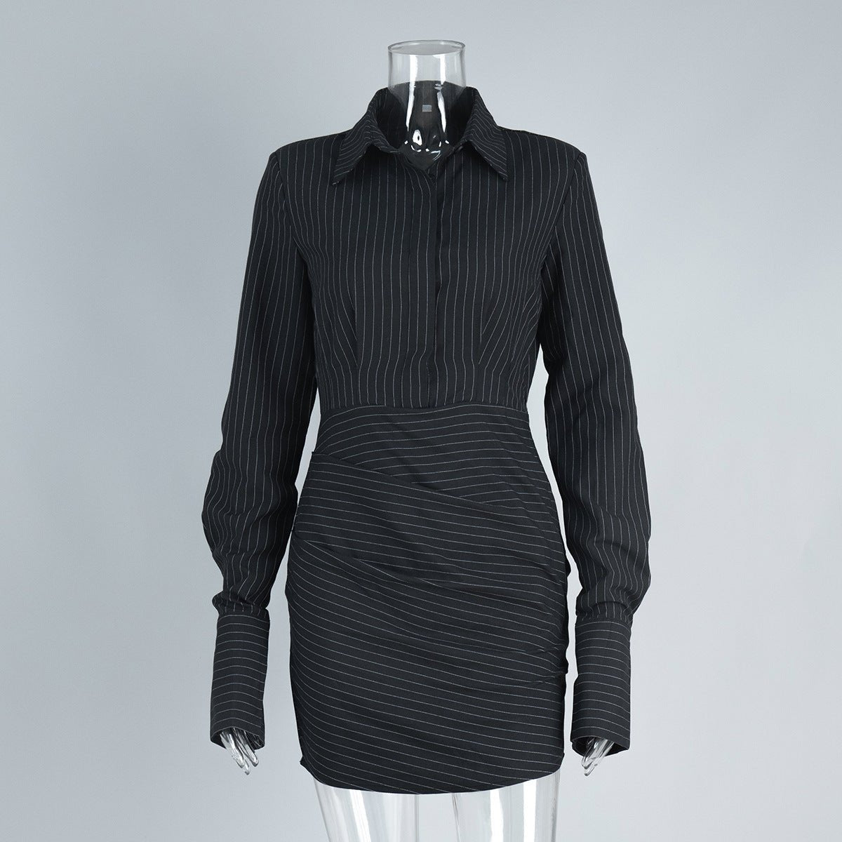 Pinstriped Long - Sleeved Shirt Dress - TayDiane