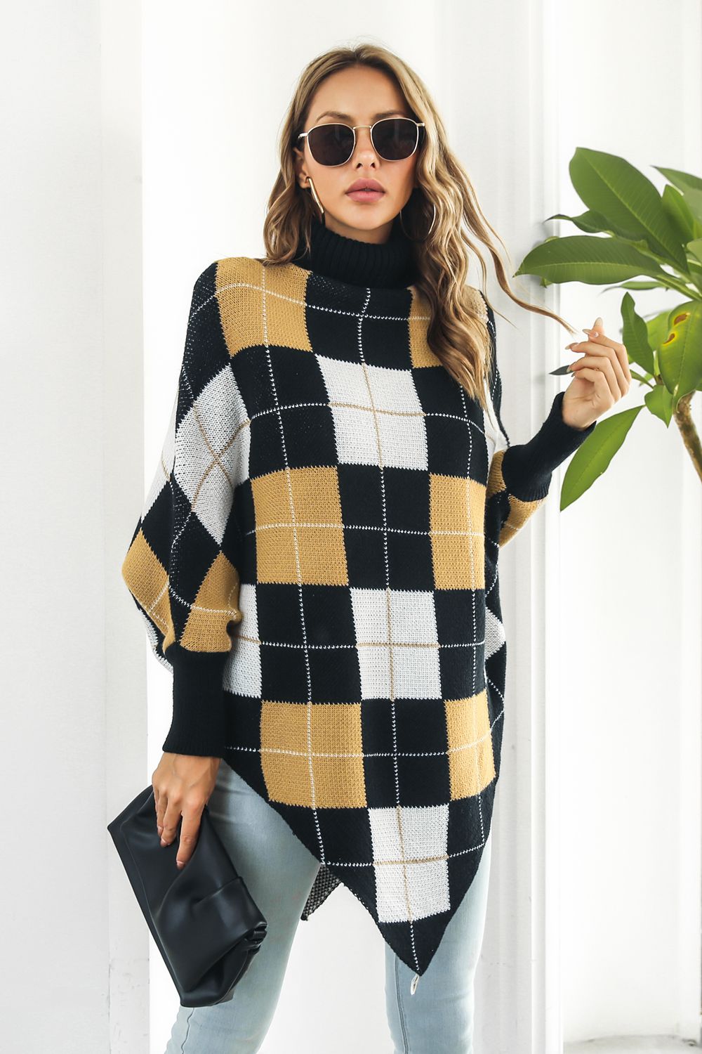 Plaid Turtleneck Dolman Sleeve Poncho - TayDiane