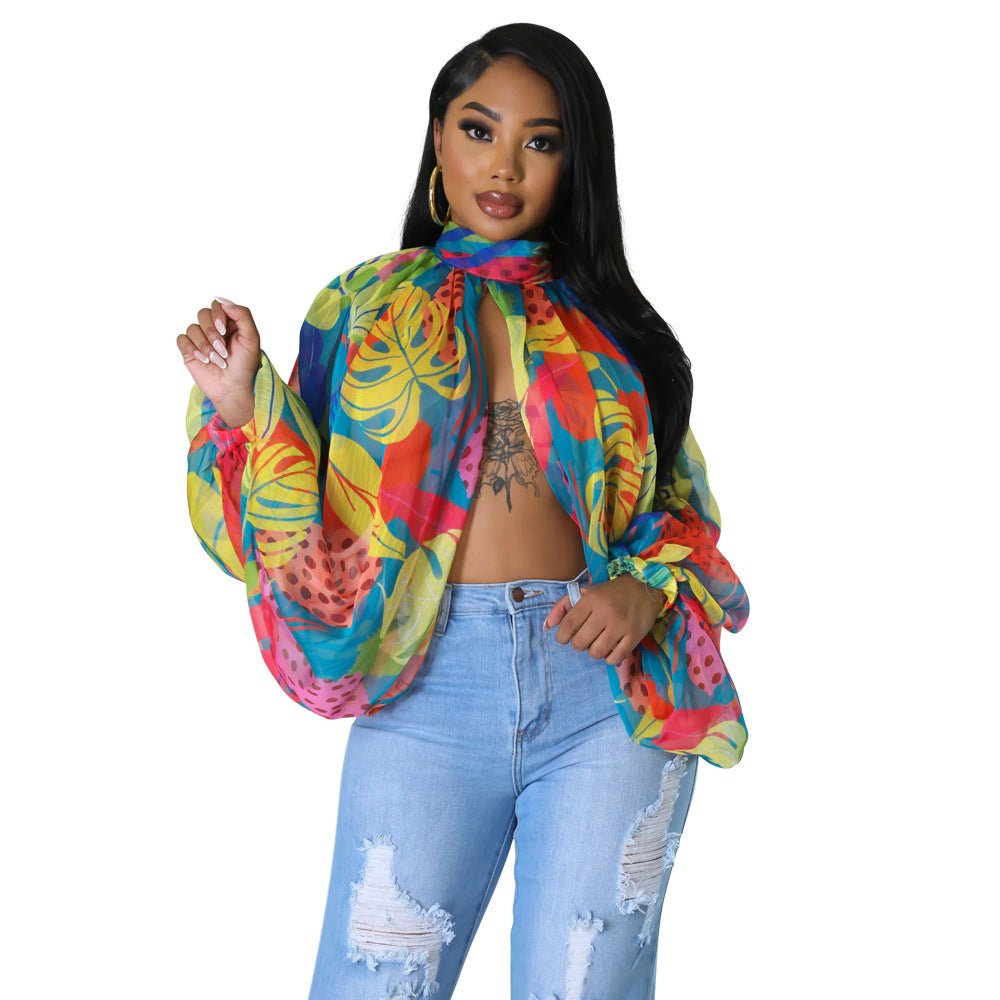 Printed Loose Long Sleeve Split Top - TayDiane