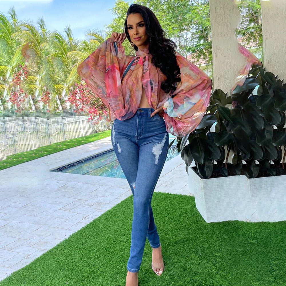 Printed Loose Long Sleeve Split Top - TayDiane