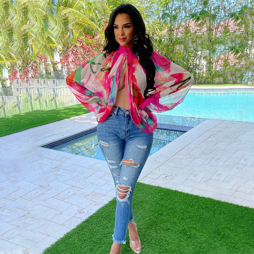 Printed Loose Long Sleeve Split Top - TayDiane