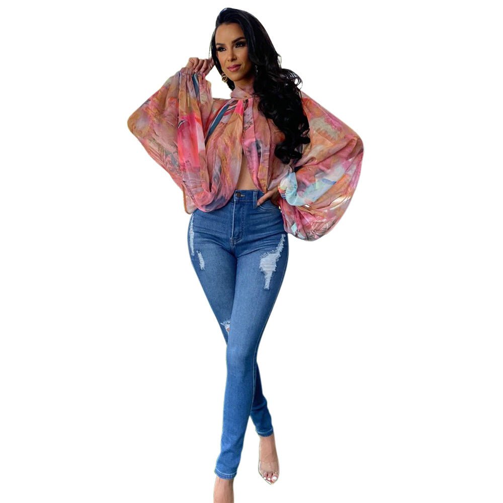Printed Loose Long Sleeve Split Top - TayDiane