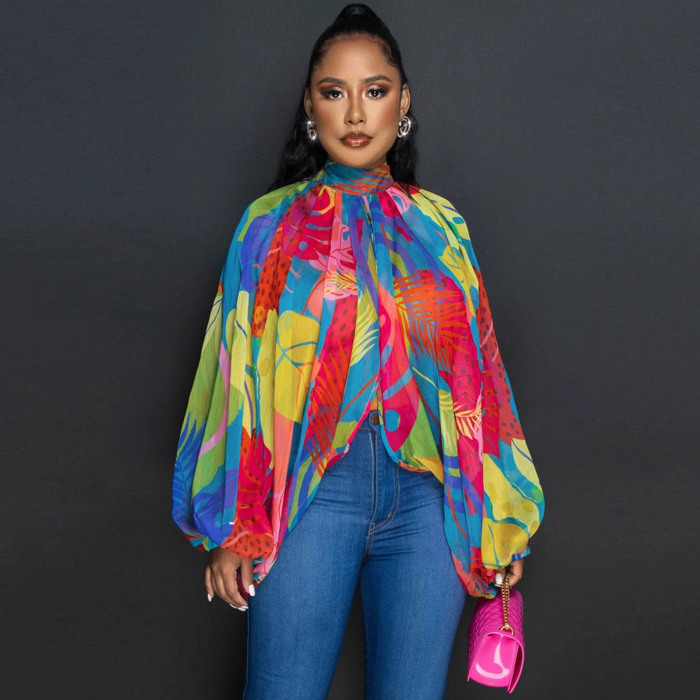Printed Loose Long Sleeve Split Top - TayDiane