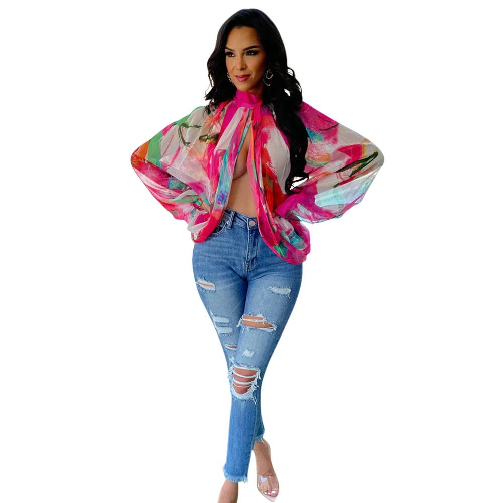 Printed Loose Long Sleeve Split Top - TayDiane