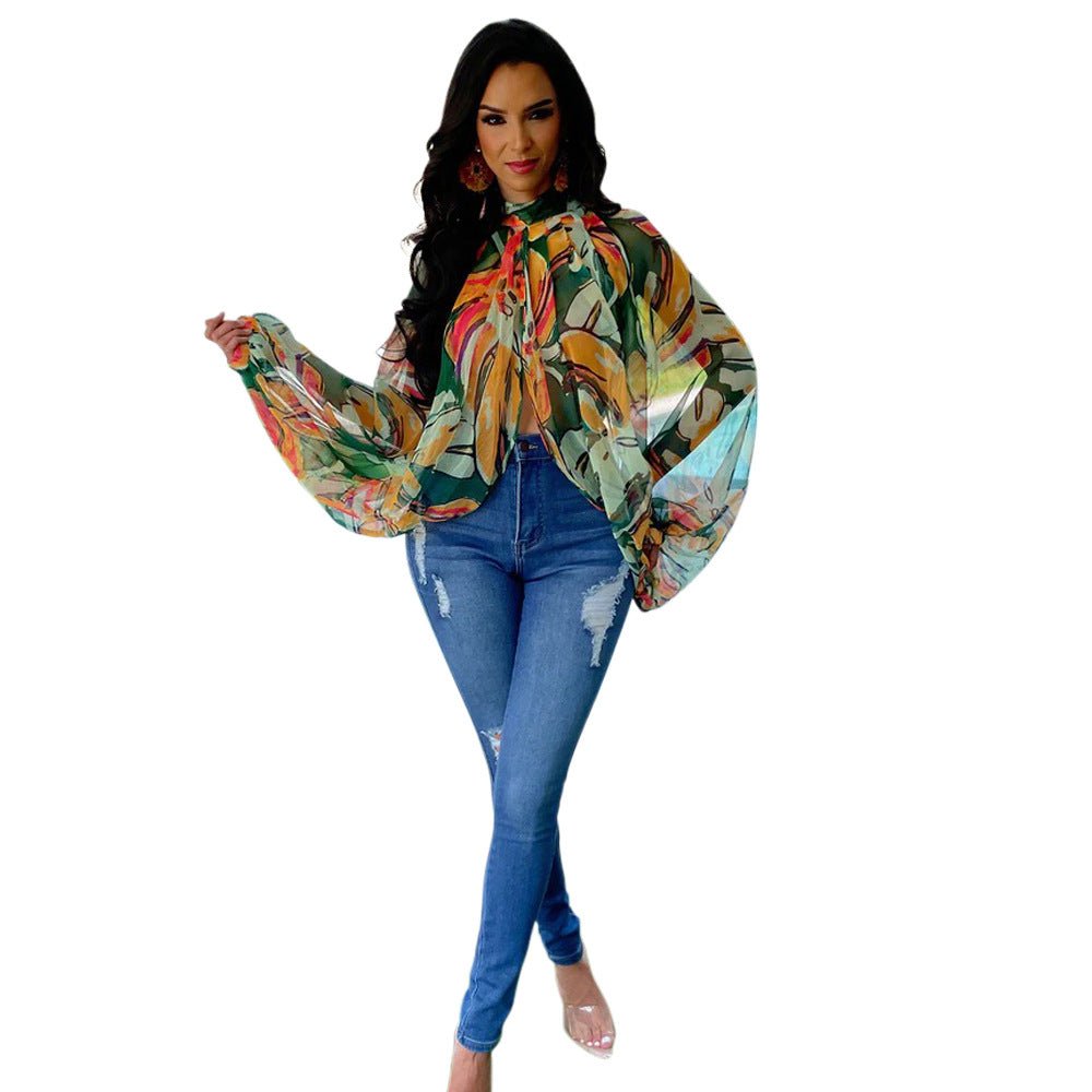 Printed Loose Long Sleeve Split Top - TayDiane