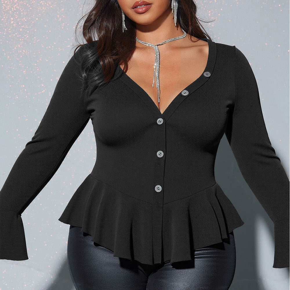 Sophia Ribbed Flare - Sleeve Button Top - TayDiane