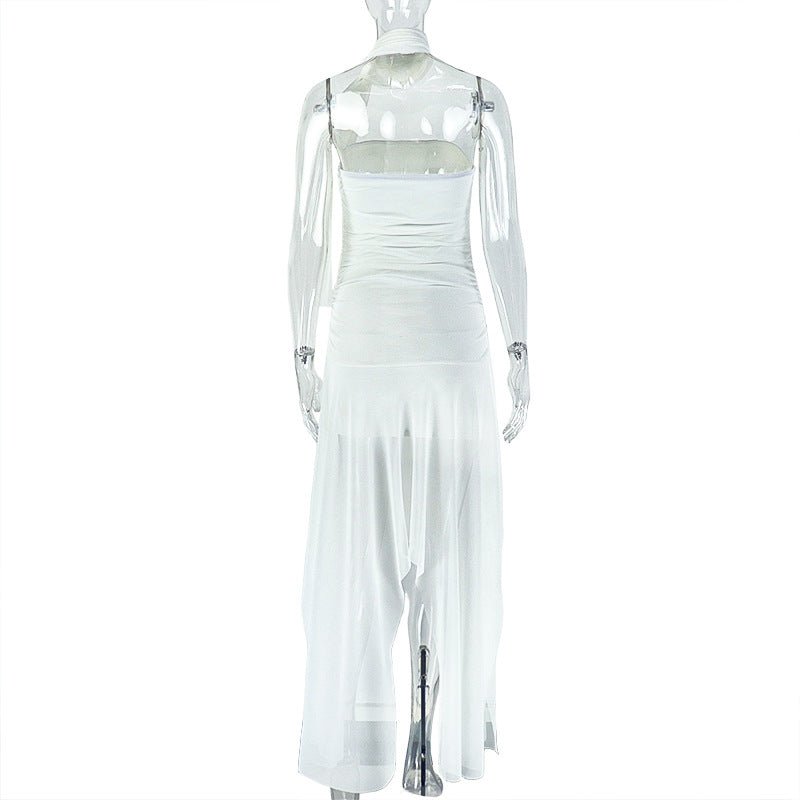 Strapless White Draped Shoulder Maxi Dress - TayDiane