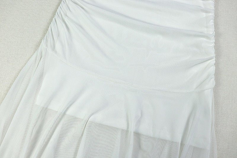 Strapless White Draped Shoulder Maxi Dress - TayDiane