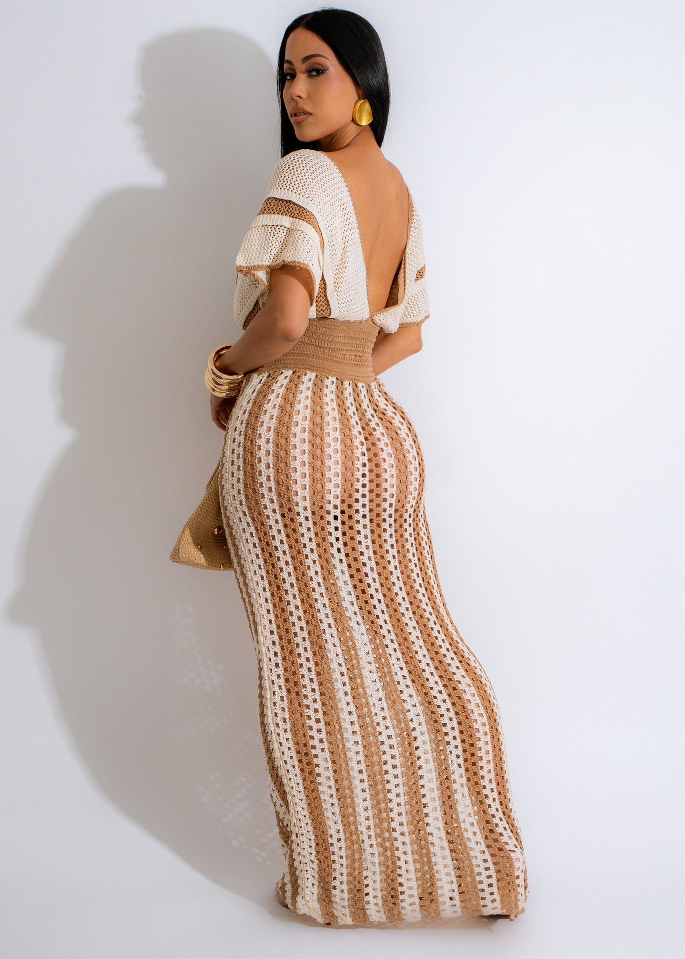 Summer Women Clothing Sexy V Neck Hollow Out Cutout Striped Knitted Women Skirt Set - TayDiane