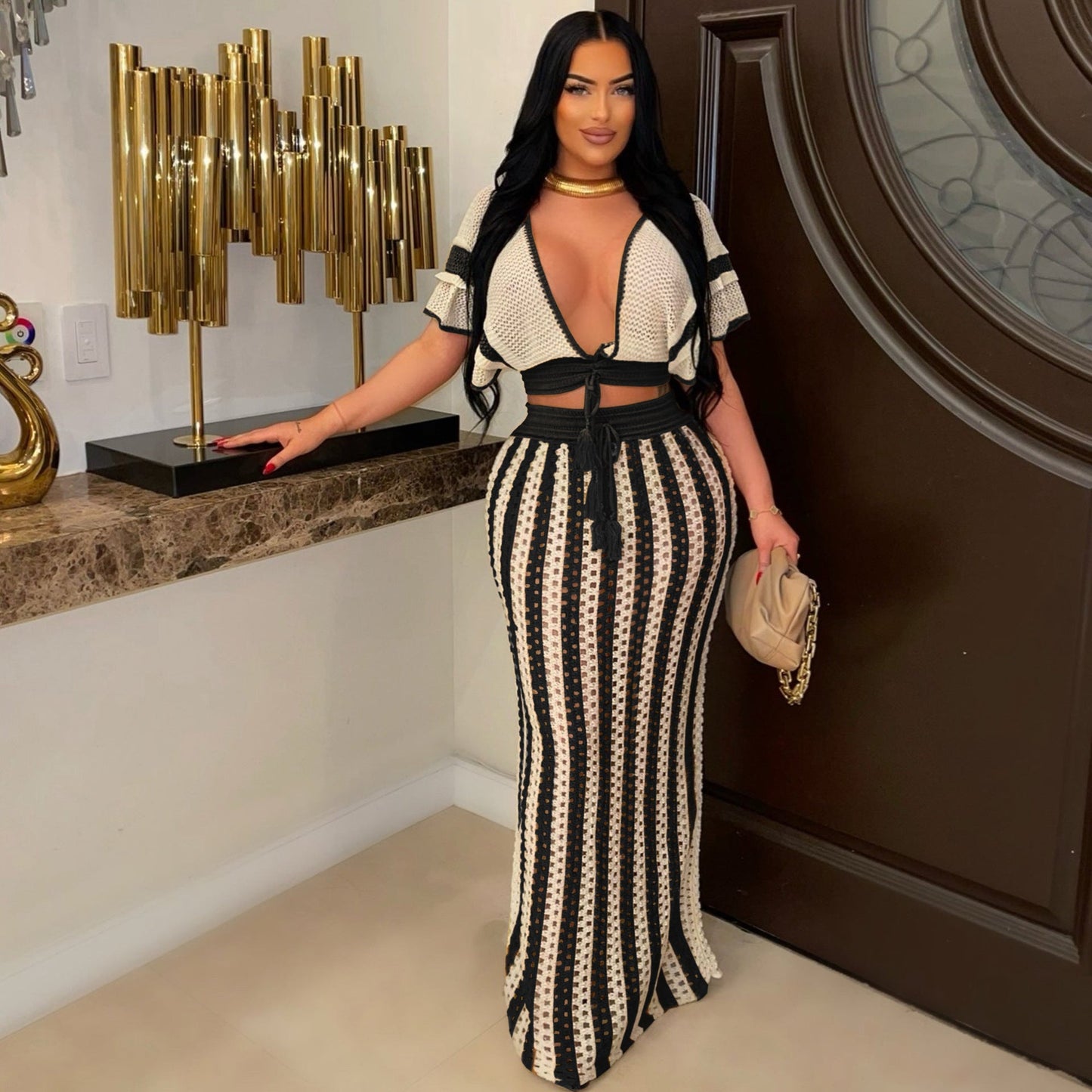 Summer Women Clothing Sexy V Neck Hollow Out Cutout Striped Knitted Women Skirt Set - TayDiane
