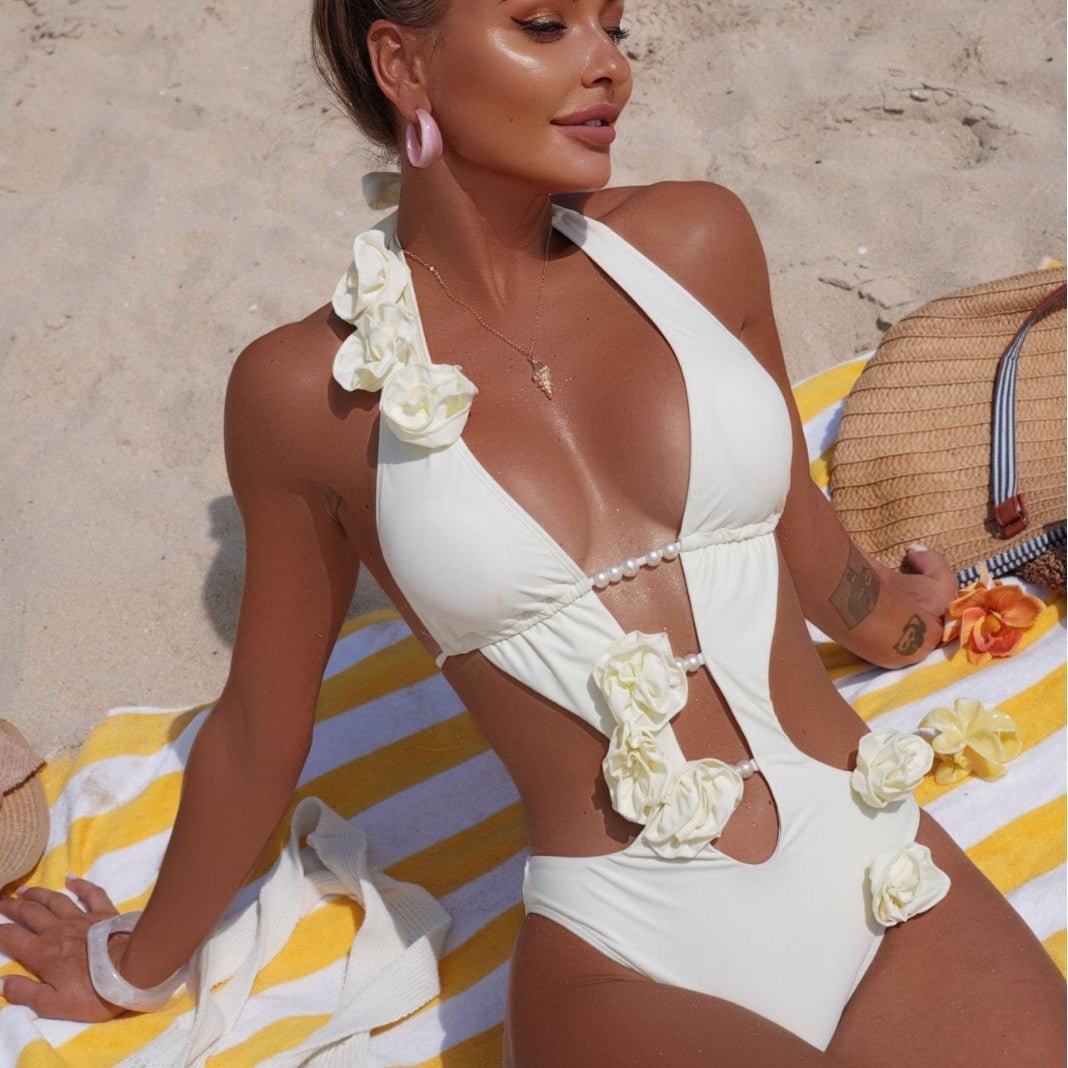 Women’s Solid Color One - Piece Swimsuit with 3D Floral Details - TayDiane
