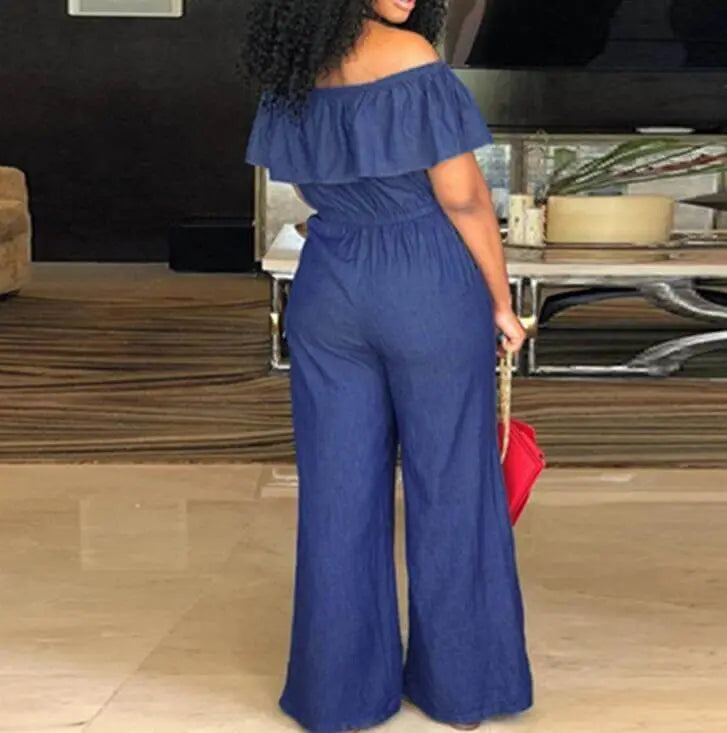 Curvy Denim Jumpsuit Off Shoulder Ruffles Taydiane