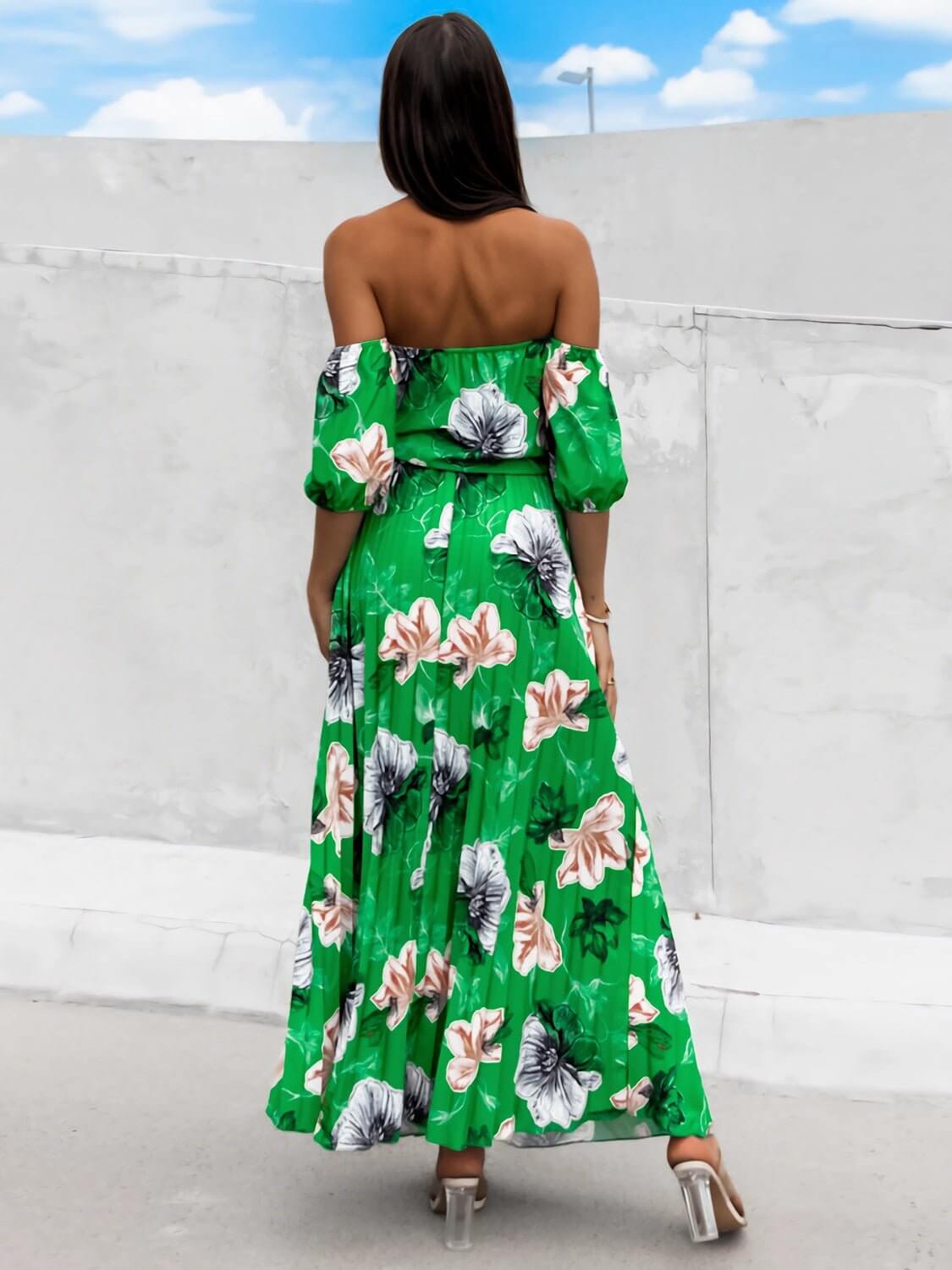 Pleated Floral Off-Shoulder Maxi  Dress