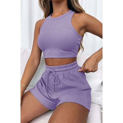 Round Neck Drawstring Shorts Set