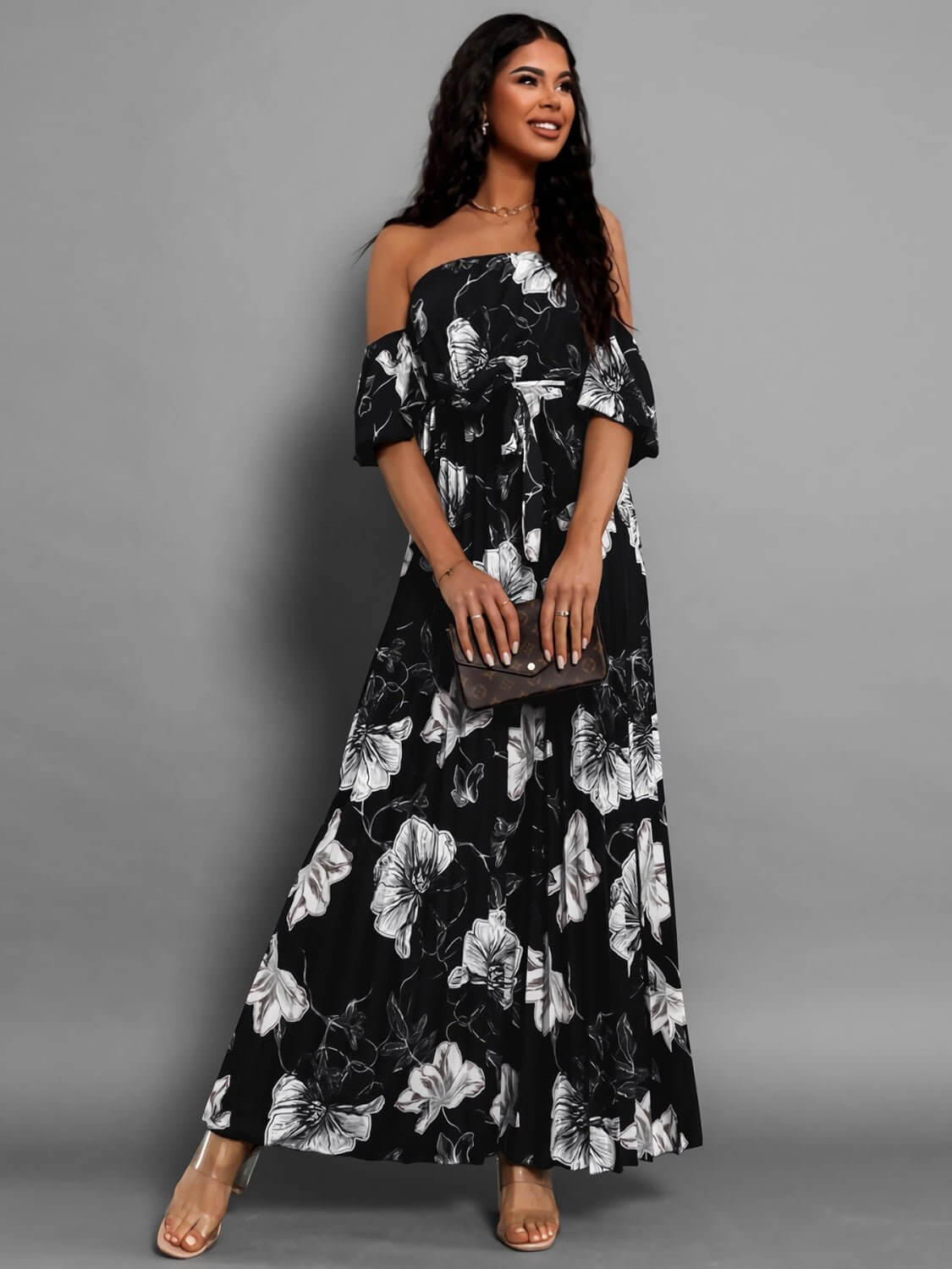 Pleated Floral Off-Shoulder Maxi  Dress