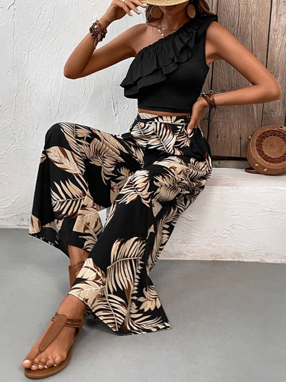 Leaf Print Ruffled Top and Pants Set