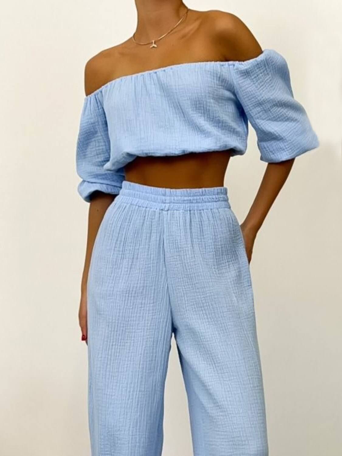 Off Shoulder Cropped Top and Pants Set