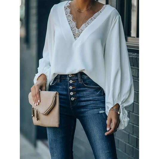 Lace Detail V-Neck Long Sleeve Blouse