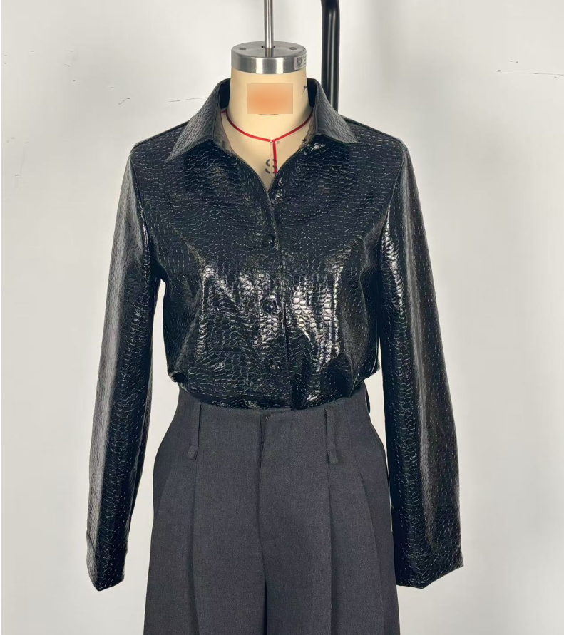 Women Clothing Long Sleeve Shirt Glossy Serpentine Faux Leather Top Autumn Winter