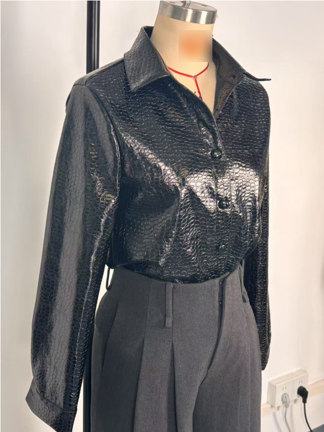 Women Clothing Long Sleeve Shirt Glossy Serpentine Faux Leather Top Autumn Winter