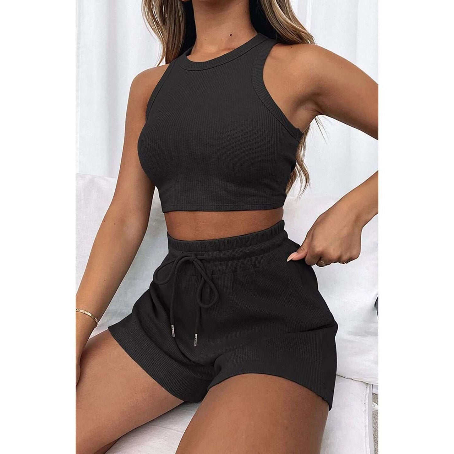 Round Neck Drawstring Shorts Set