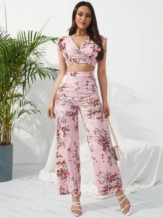 Floral Print Ruffled Pants  Set