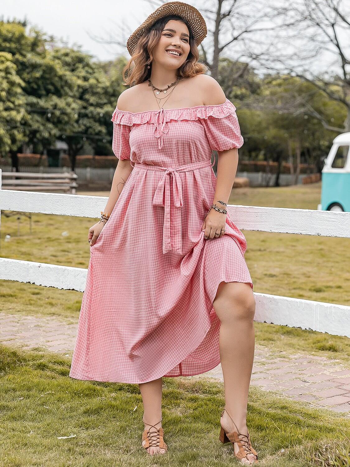 Plaid Off-Shoulder Midi Dress