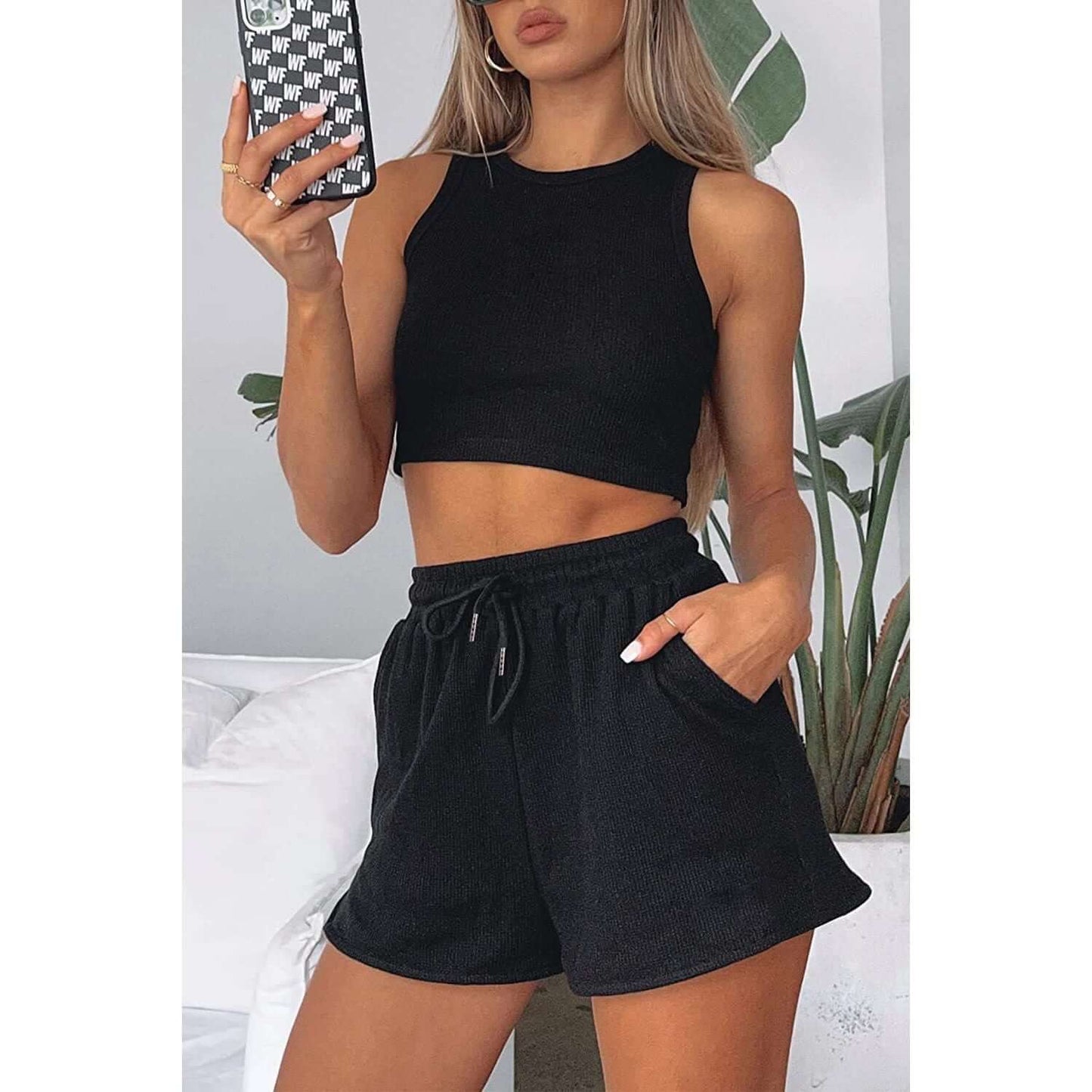 Round Neck Drawstring Shorts Set