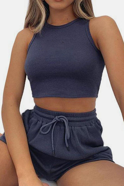 Round Neck Drawstring Shorts Set