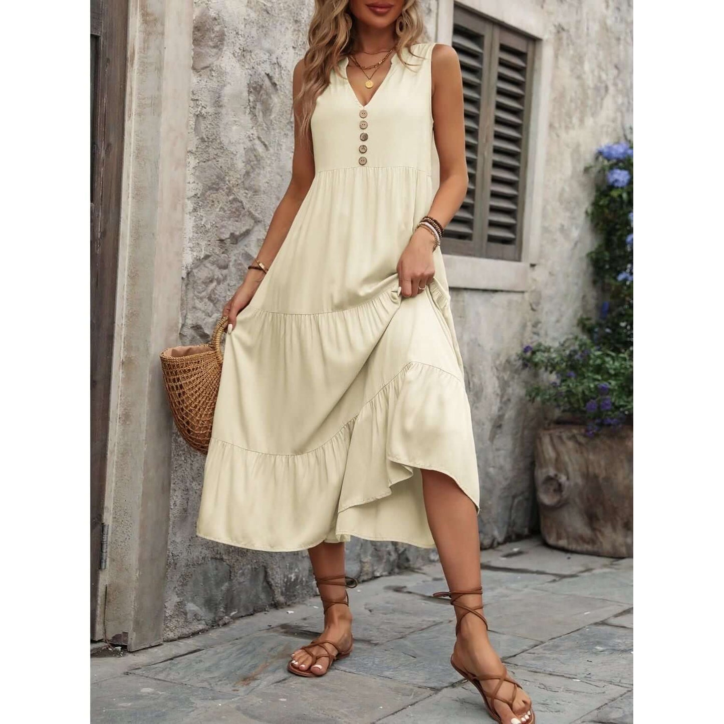 Decorative Button Notched Sleeveless Dress