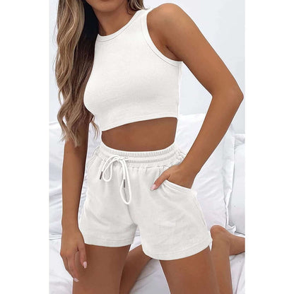 Round Neck Drawstring Shorts Set