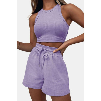 Round Neck Drawstring Shorts Set