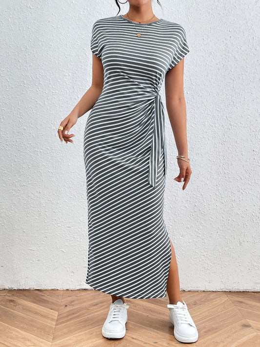 Tied Striped Shirt Tee Dress