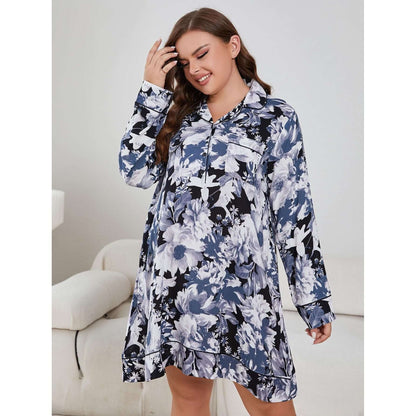 Floral Lapel Collar Long Sleeve Night Dress