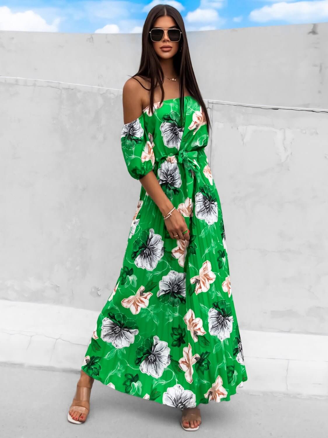 Pleated Floral Off-Shoulder Maxi  Dress