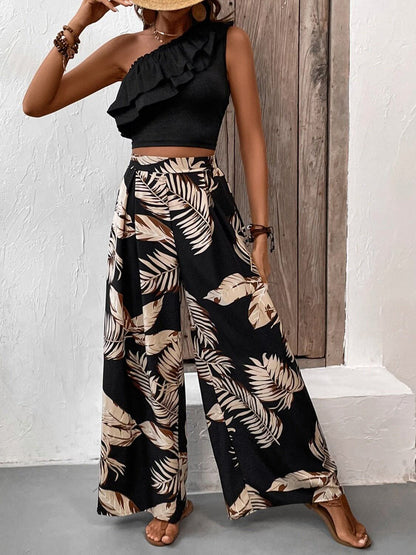 Leaf Print Ruffled Top and Pants Set