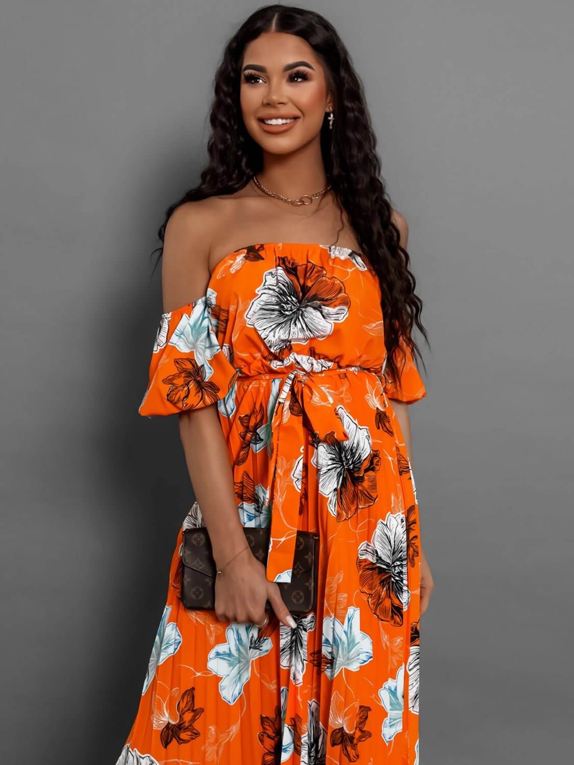 Pleated Floral Off-Shoulder Maxi  Dress