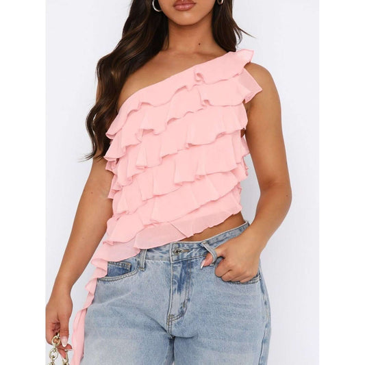 Layered Ruffled One Shoulder Tank