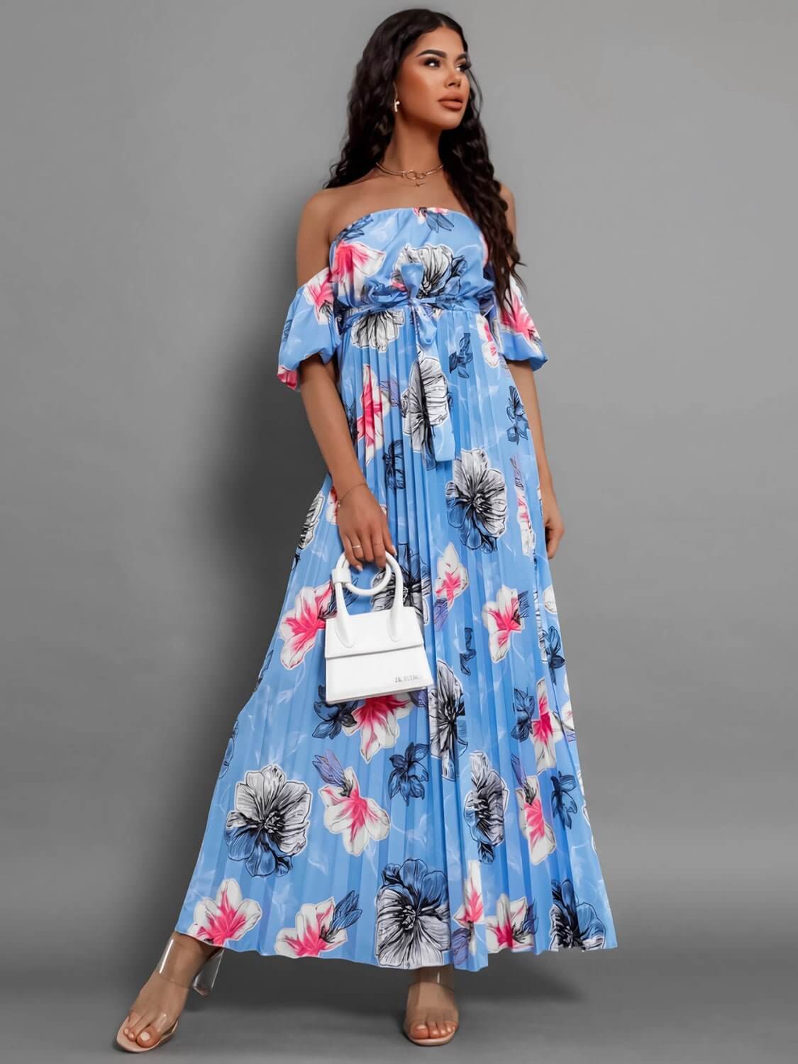 Pleated Floral Off-Shoulder Maxi  Dress